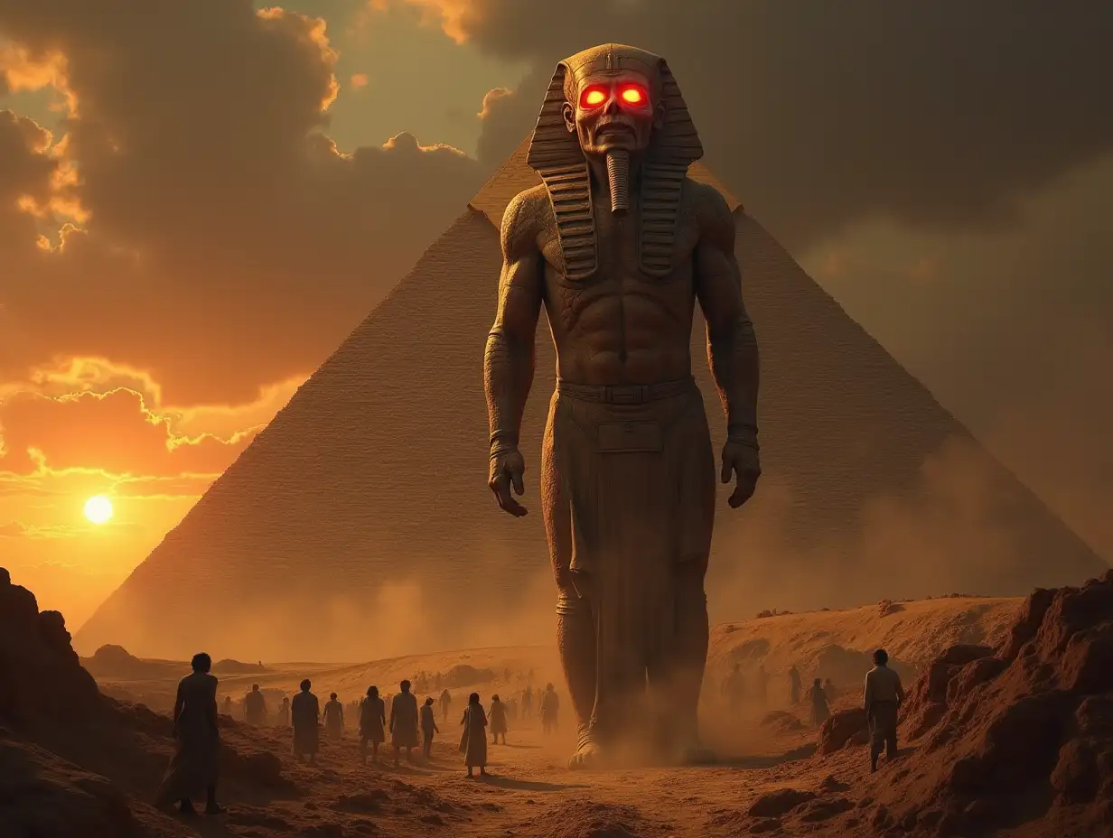 Mummy titan, totenkopf glowing eyes 12 meters high at the Egyptian pyramids, many people