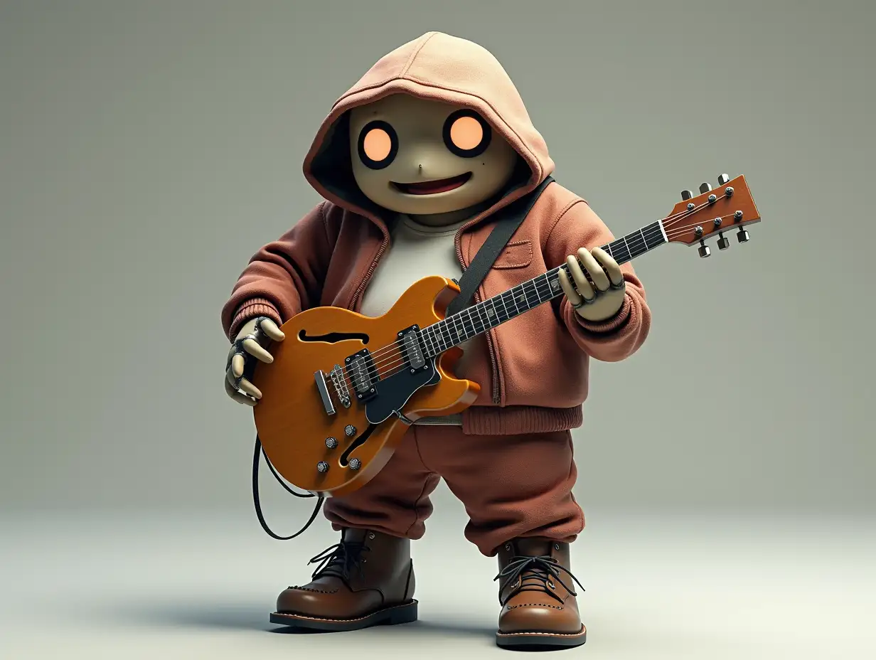 Create a high-resolution, realistic image of a robot with a plump body, brown leather shoes, and a fashionable tracksuit, holding a guitar and wearing a hood in 4K resolution.