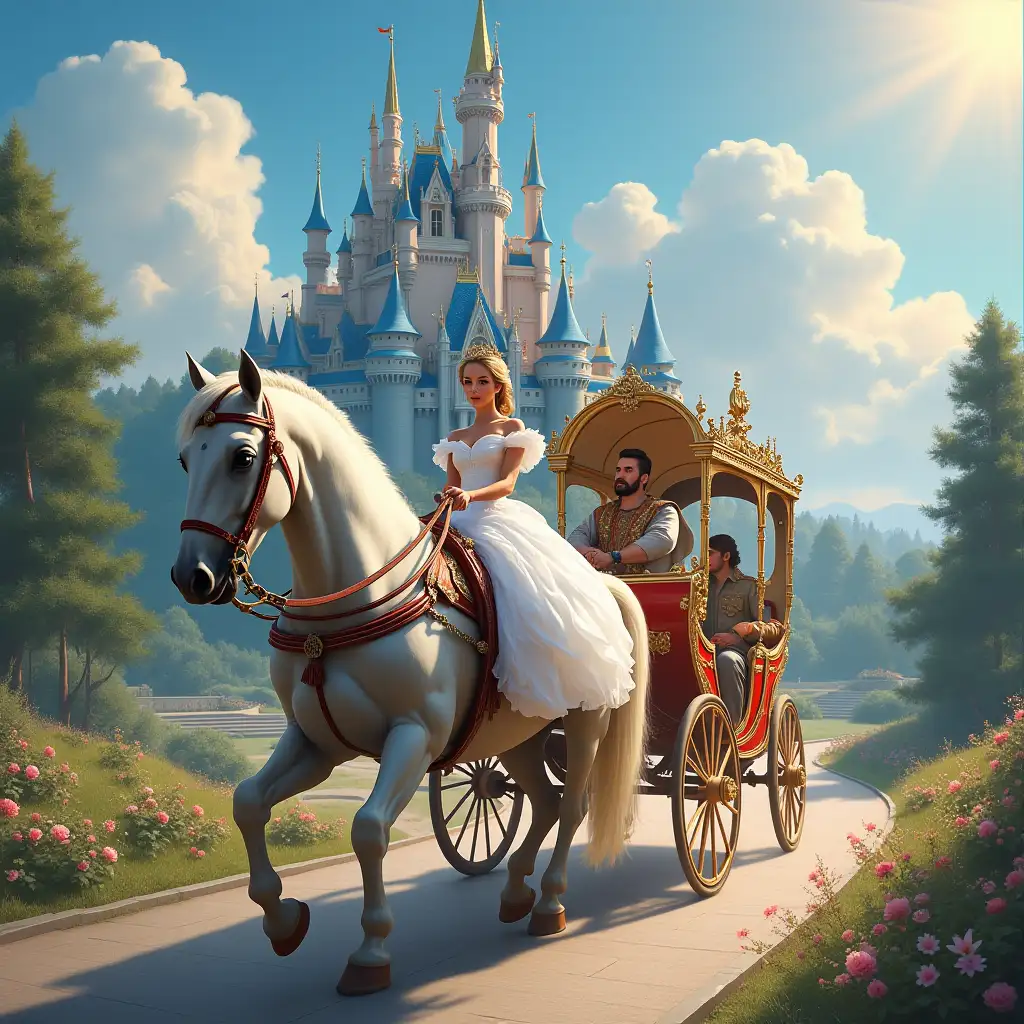 Cinderella carriage prince,princess,rider on the horse,large castle