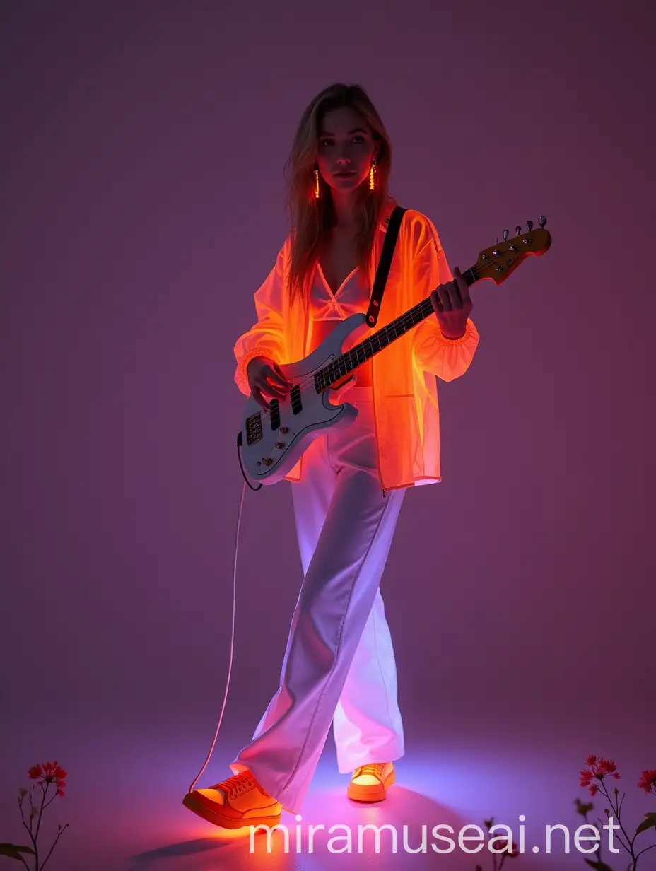 Futuristic White Women Playing Neon Instruments in Dark Studio