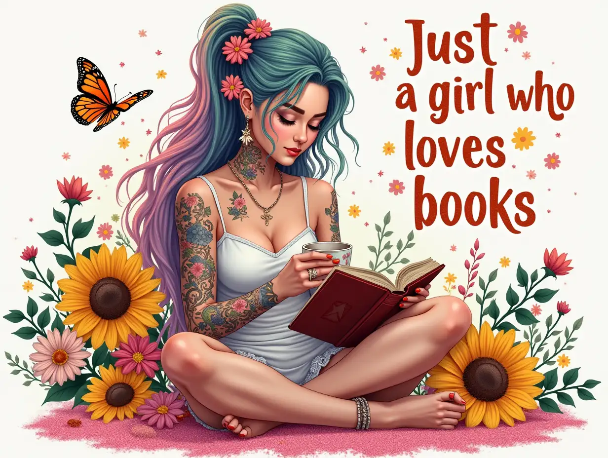 Glitter style. Create a hyperrealistic illustration of a young woman sitting cross-legged, deeply engrossed in a book. She has long, flowing hair with vibrant pastel colors, accentuated by floral accents woven into her hair. Her skin is adorned with intricate tattoos, showcasing a variety of artistic designs. The woman holds a coffee cup in one hand, while the other gently cradles the book. Surround her with a lush backdrop of bright sunflowers, delicate butterflies, and colorful blooms, creating a vibrant atmosphere. Incorporate a sprinkle of pink glitter around the edges for a whimsical touch. The text 'Just a girl who loves books' should be bold and playful, artistically integrated into the scene, using a mix of typography that captures the essence of youth and creativity. The overall color palette should be warm and inviting, blending soft pastels with rich, vibrant hues.