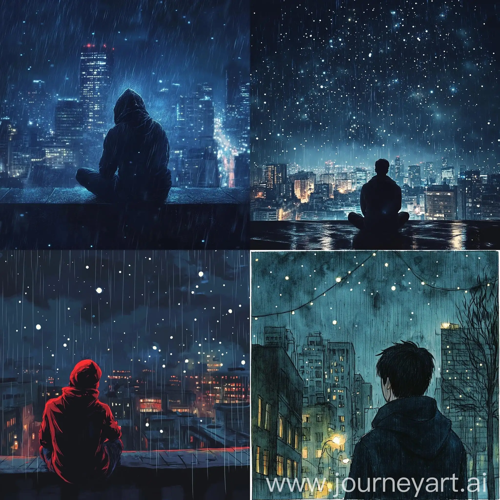 Lonely-Man-Gazing-at-Stars-in-Rainy-Cityscape