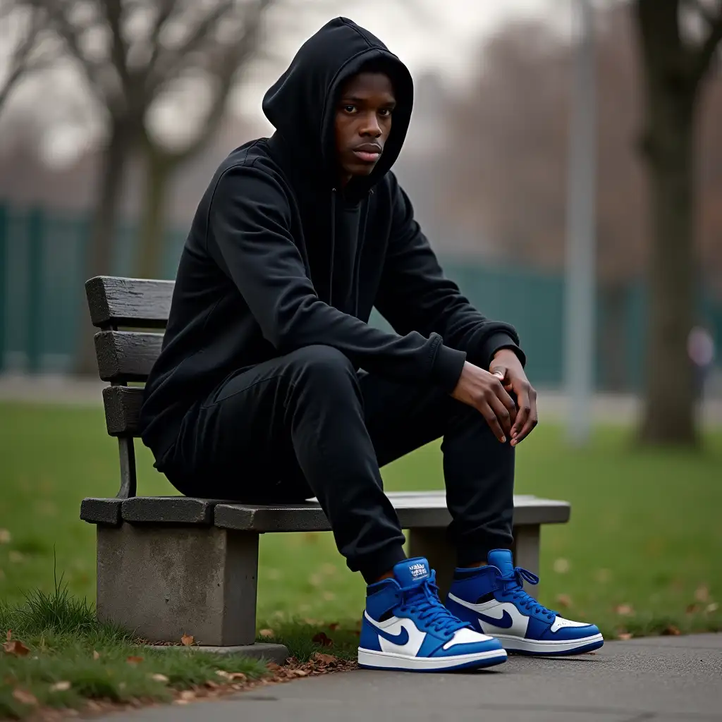 A black American male teen wearing a black hoodie black sweatpants and a pair of blue jordans,sitting on a bench in the park ,his face is dark because of the hoodie,he is not easily recognizable.