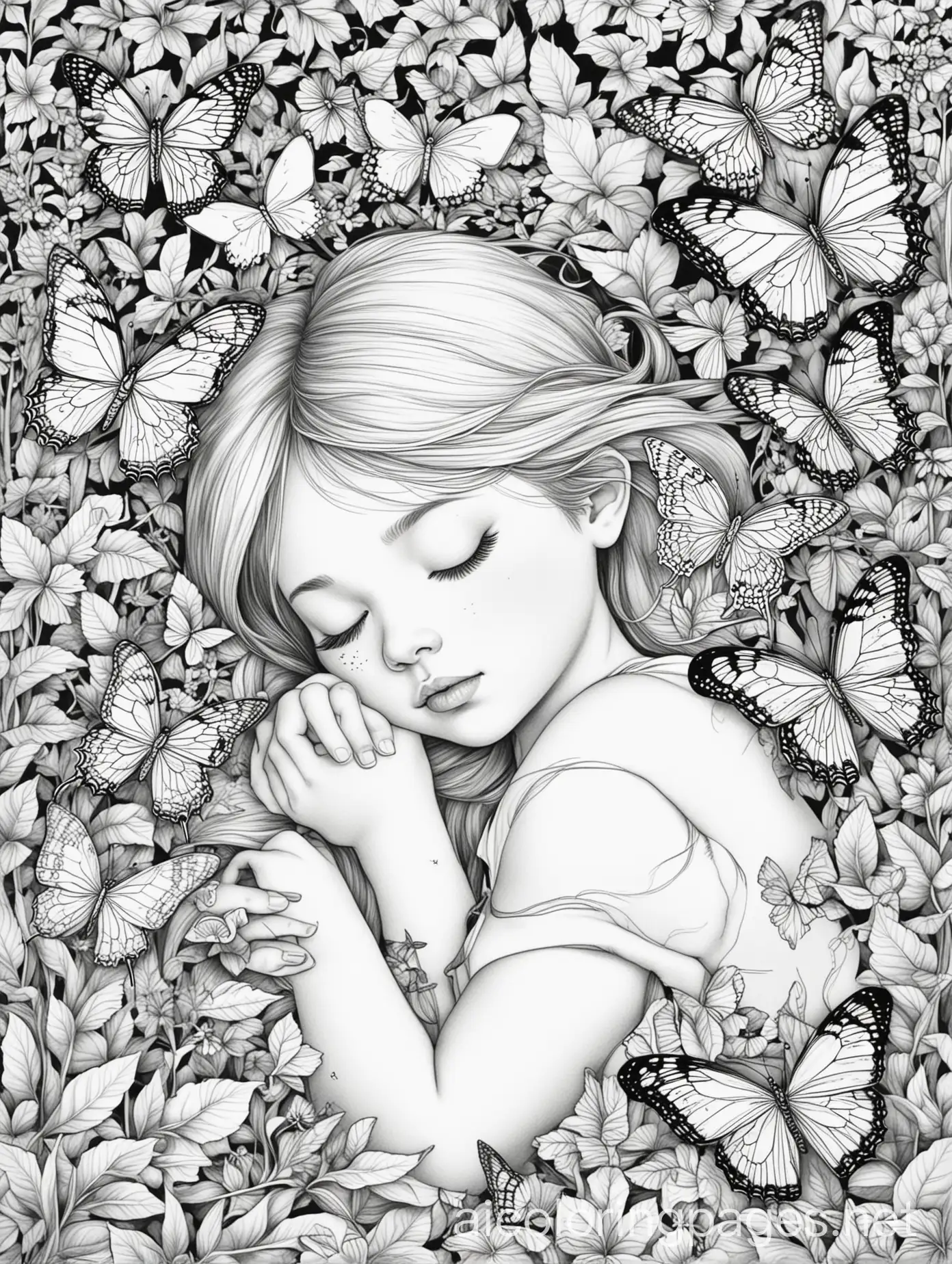 Sleeping-Girl-Surrounded-by-Butterflies-Coloring-Page