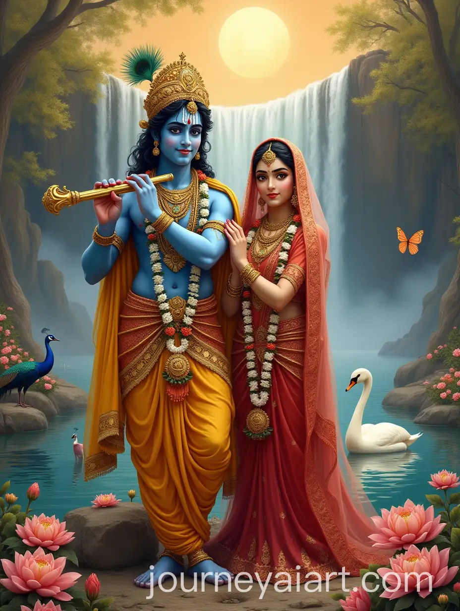 Radha-and-Krishna-Divine-Portrait-with-Waterfall-and-Peacock