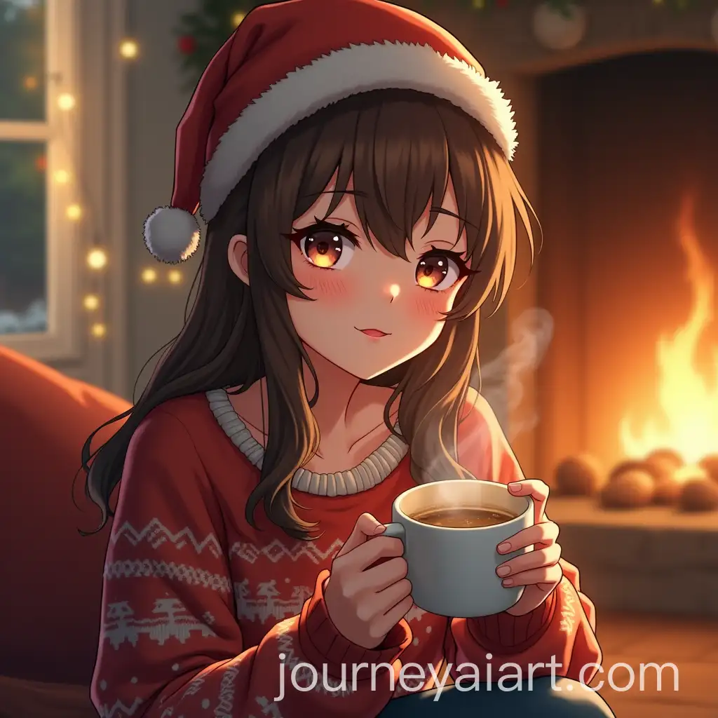 Woman-in-Christmas-Sweater-Holding-Hot-Coffee-by-Fireplace