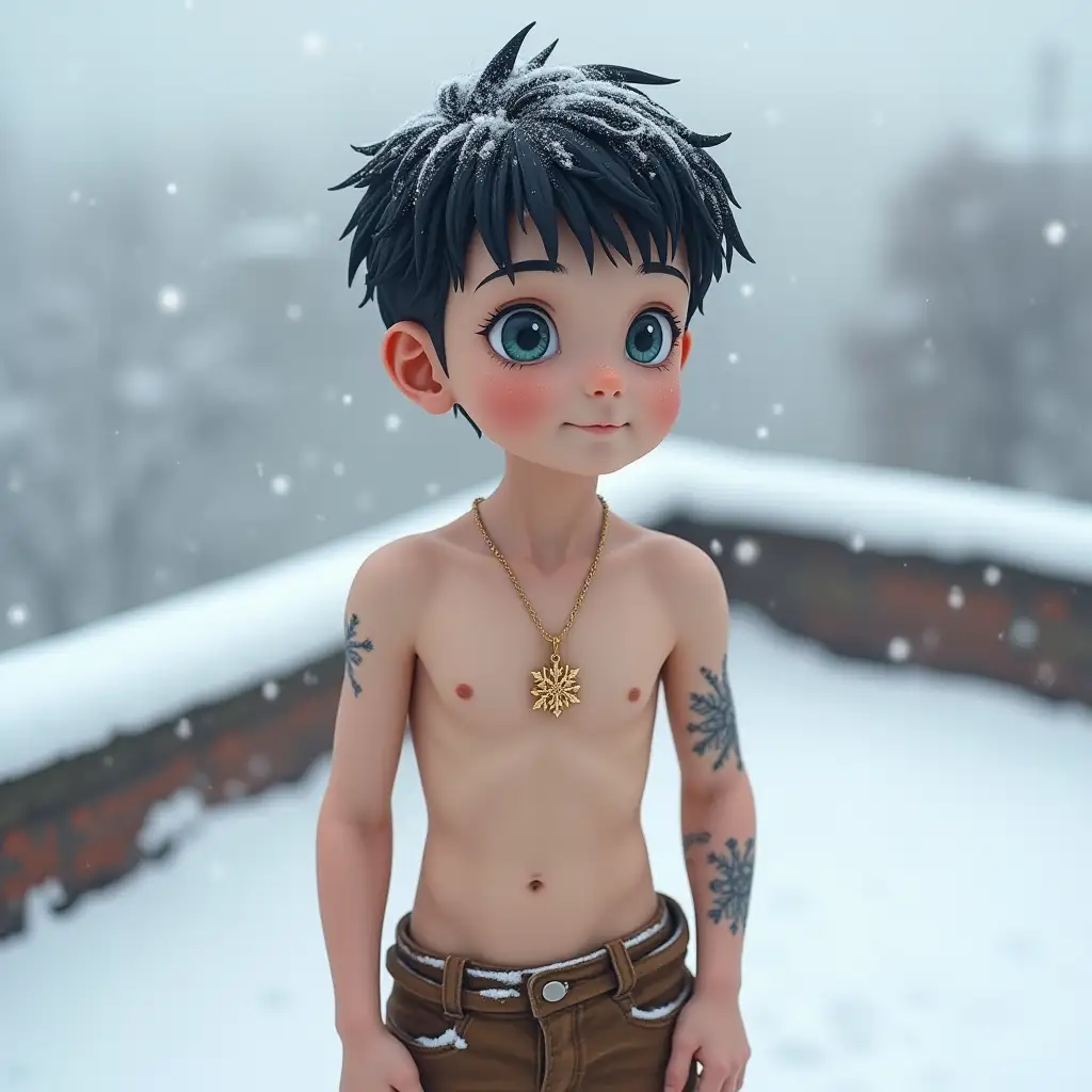 Young-Boy-with-Snowflake-Tattoo-Standing-on-a-Rooftop-in-a-Winter-Wonderland