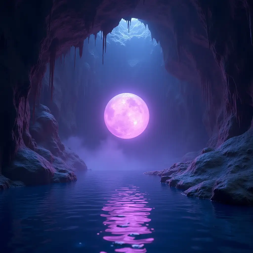 Mystical-Glowing-Sphere-Above-Underground-Lake-in-Crystal-Cave