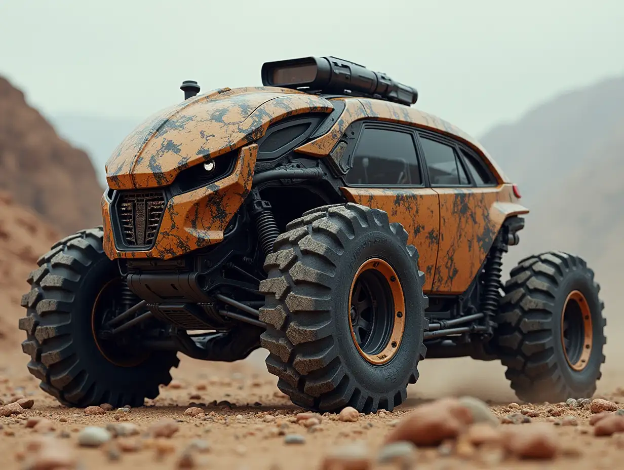 a supermodern utopian sportsomnibus with lowered body with Predator head, aluminum wheels, wide tires, brown and black camouflage pattern, Science-Fiction