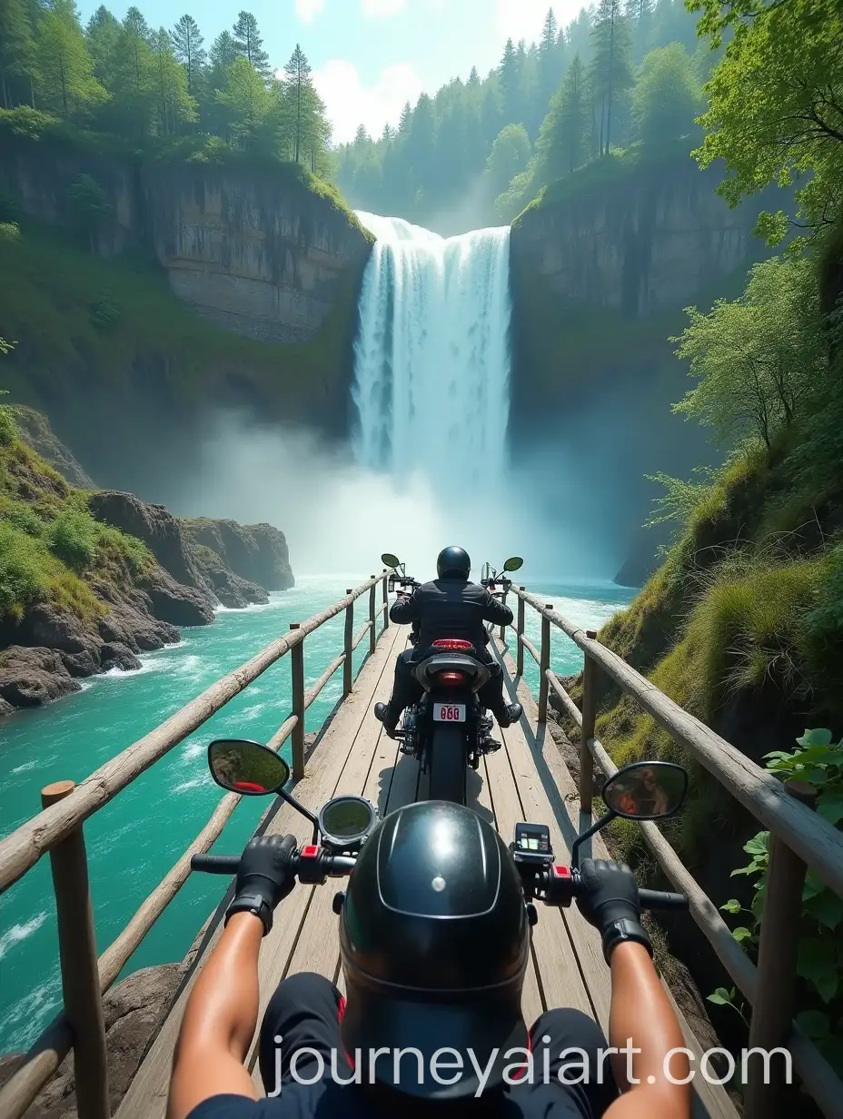 Motorcycle-Ride-Across-Wooden-Bridge-with-Waterfall-and-Cliff-Views