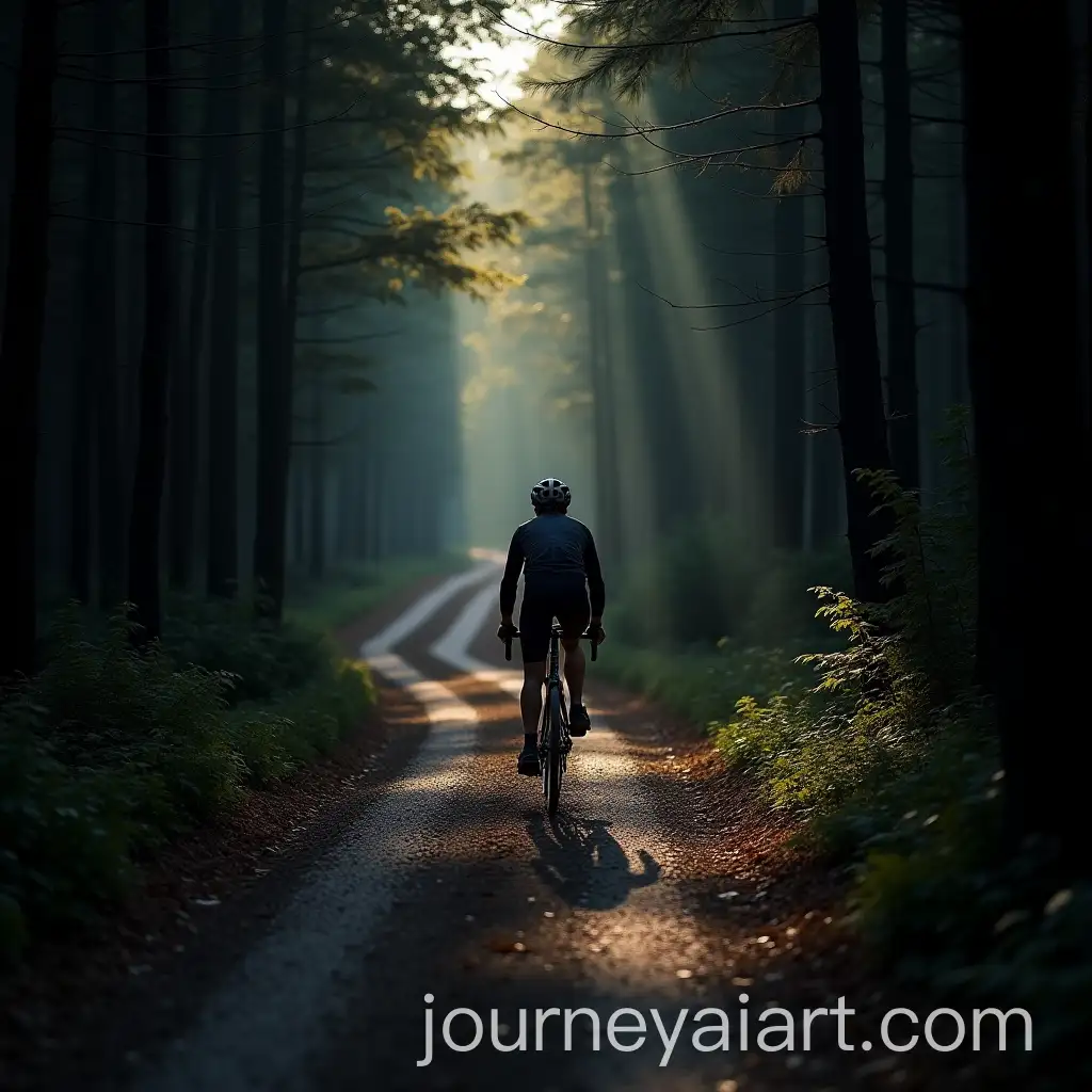 Cyclist-Riding-Through-Sunlit-Shadows-in-Dark-Forest