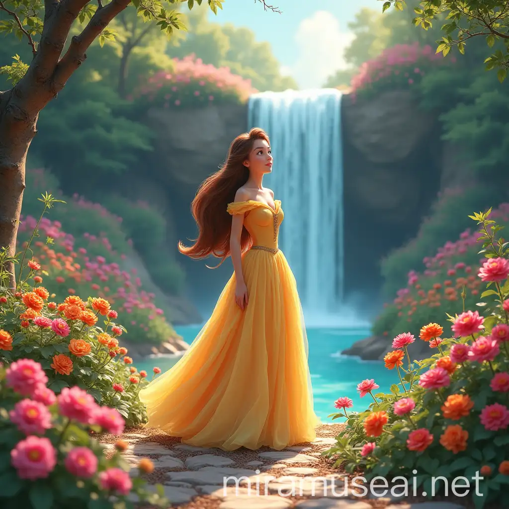 Disney Princess in Enchanted Garden with Flowers and Waterfall