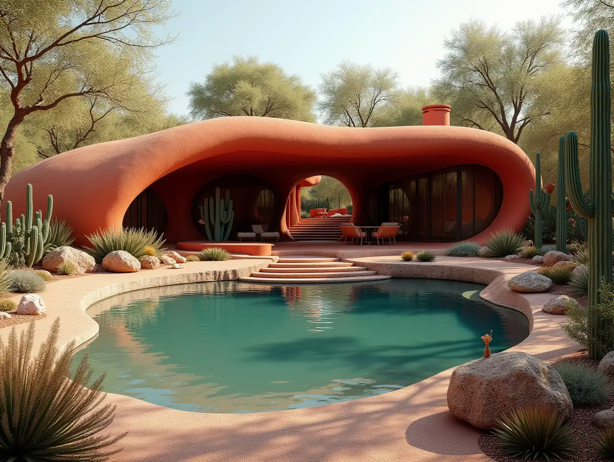 Curved diagonally wooded house with pond in the desert in red-with plaster the roof is overgrown with plants in the form of plant ornaments, large windows with glass to, curved smooth window shapes, winding large entrance stairs cacti, rocks complex curved roof light shades.