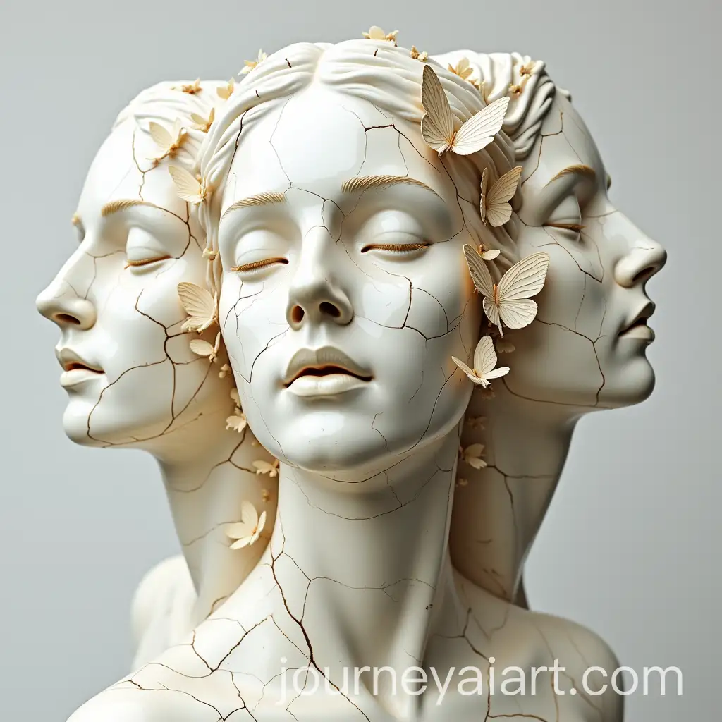 Three-Women-Faces-Emotional-Sculpture-with-Cracks-and-Butterfly-Transformation