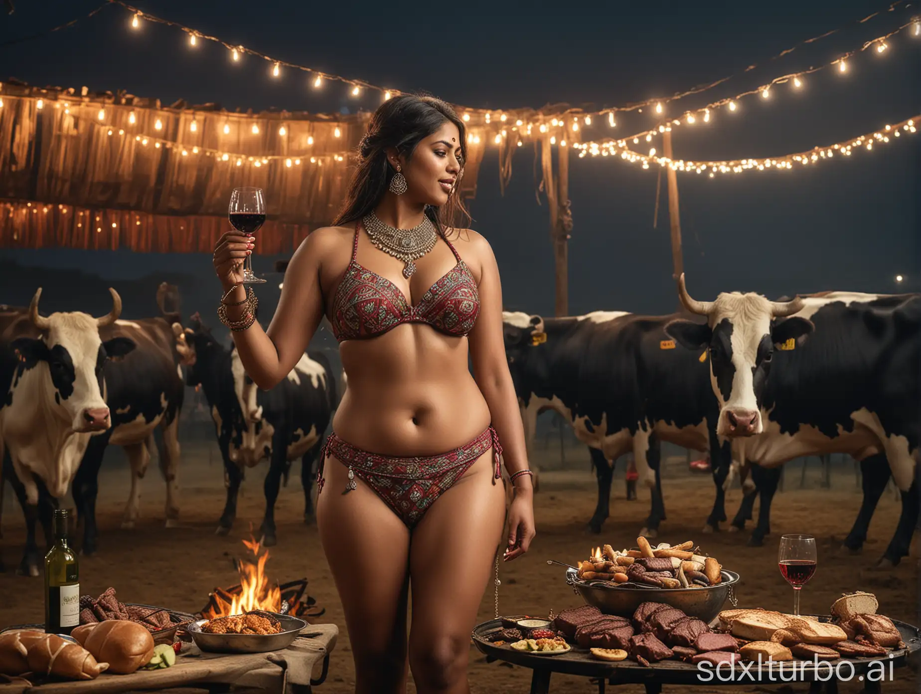 Happy-Indian-Woman-Enjoying-Wine-and-Barbecue-with-Cows-in-Background