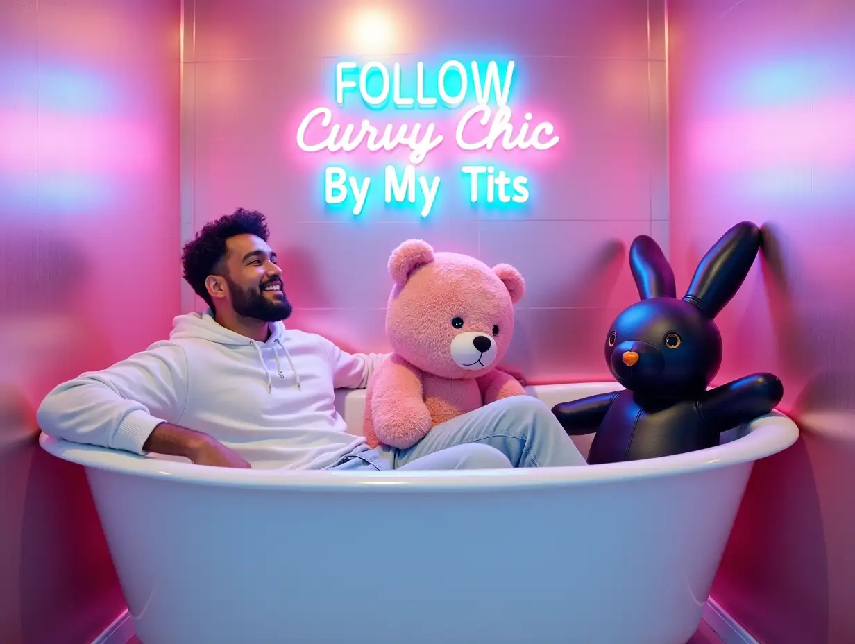 image showcases a vibrant and playful scene set in a stylish, modern space. At the center, a man is lounging in a glossy white vintage bathtub, wearing a relaxed smile. He is dressed in a casual white sweatshirt and light blue jeans, embodying a laid-back vibe. Next to him is a large, plush pink teddy bear with a leather black bunny head, creating a whimsical contrast. The background features shiny, metallic walls that reflect soft pink and purple hues, enhancing the playful atmosphere. Above them, a neon sign reads ' FOLLOW Curvy Chic By My Tits' in bright blue and pink, adding a trendy touch to the setting. The overall composition combines elements of fun and relaxation, inviting viewers to appreciate the quirky and inviting ambiance of this unique space