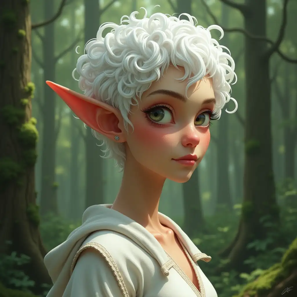 Elf girl, realistic style, freckles, pointed ears, short white curly hair, dressed in a white chiton, in full growth, forest