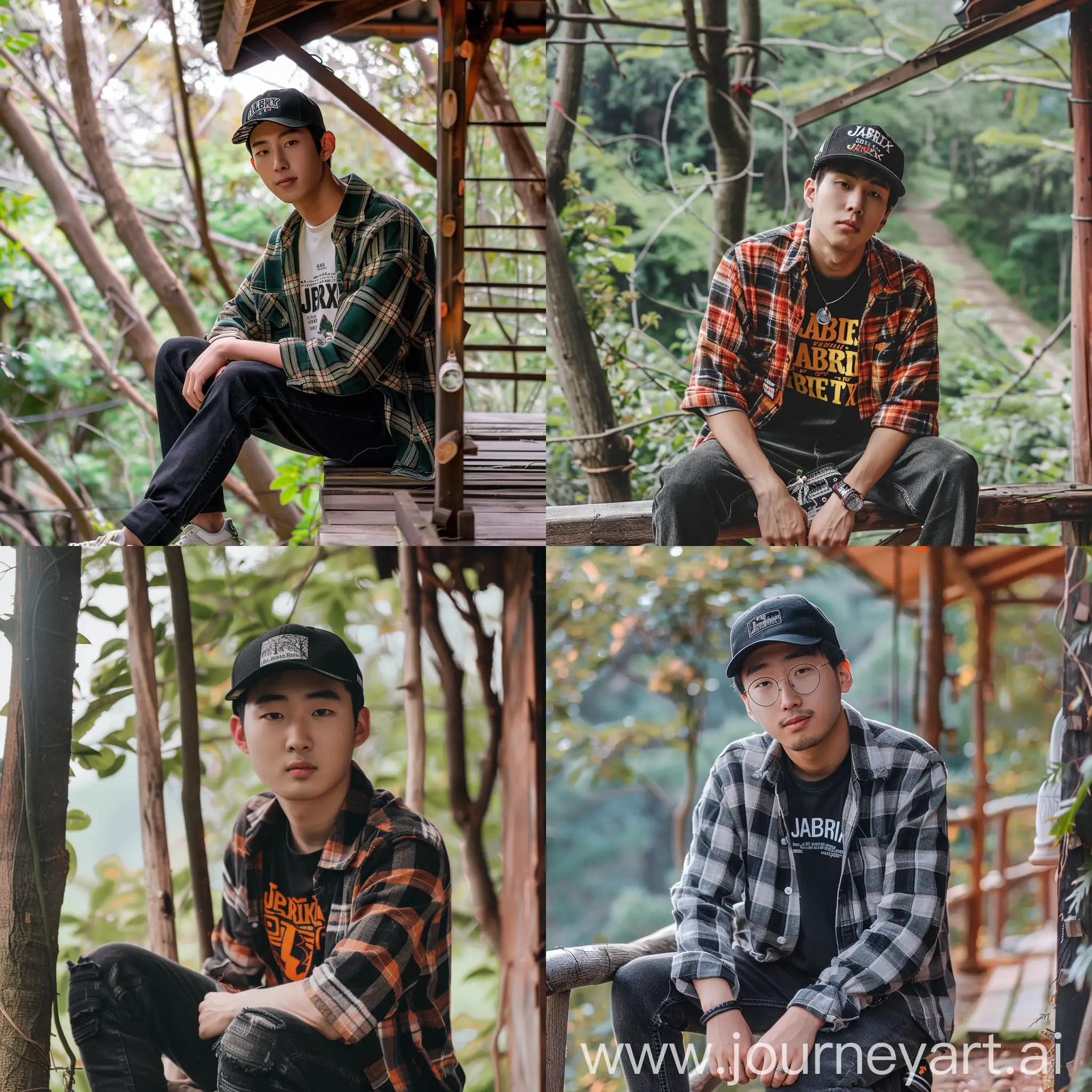 Young-Korean-Man-in-Snapback-Hat-Sitting-on-Tree-House-Wall