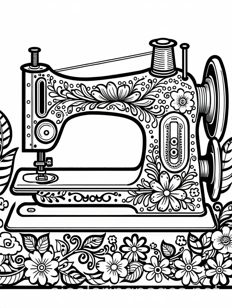 A sewing machine with flowers emerging from it , Coloring Page, black and white, line art, white background, Simplicity, Ample White Space. The background of the coloring page is plain white to make it easy for young children to color within the lines. The outlines of all the subjects are easy to distinguish, making it simple for kids to color without too much difficulty