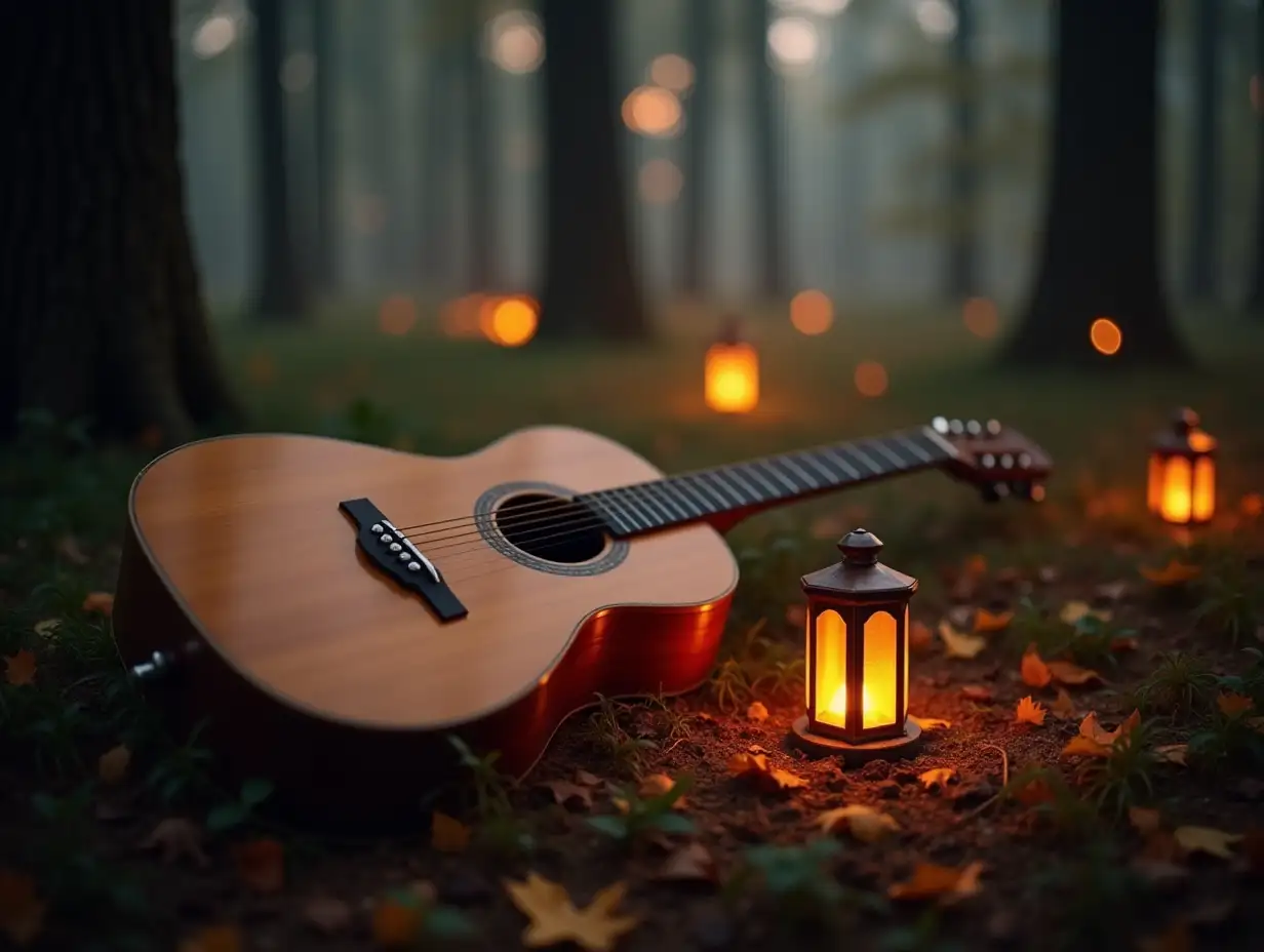 A beautifully detailed acoustic guitar resting on a soft bed of grass and fallen autumn leaves in a peaceful forest at twilight. The warm glow of lanterns and distant lights illuminates the scene, casting a magical ambiance. The background consists of tall trees fading into a dreamy mist, with soft, glowing orbs of light resembling fireflies or distant lanterns. The guitar's wooden surface reflects the gentle light, highlighting its intricate details and smooth curves. The atmosphere is calm, poetic, and nostalgic, evoking a sense of solitude and inspiration