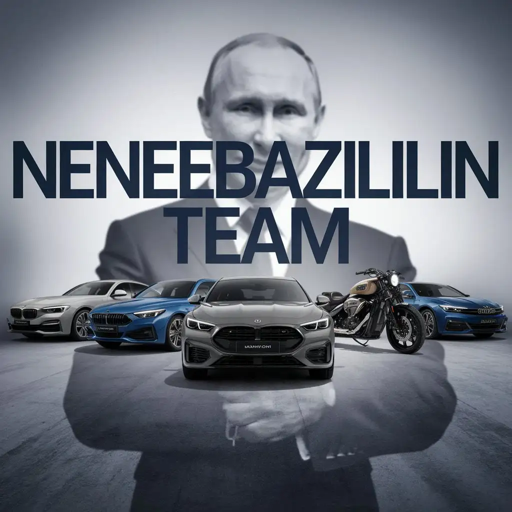 надпись NENEBAZILIN TEAM на фоне элитных машин и путина в тени