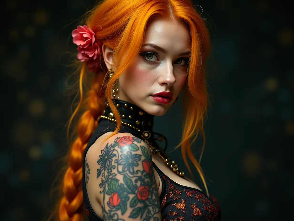 Lady with a -tattoo, futuristic long Red-yellow hair, braided and laced Boots, with E-guitar flowers and Richly detailed and colorfully worn and futuristic jewelry. Background Unfocused, black 120-mm shot Steampunk