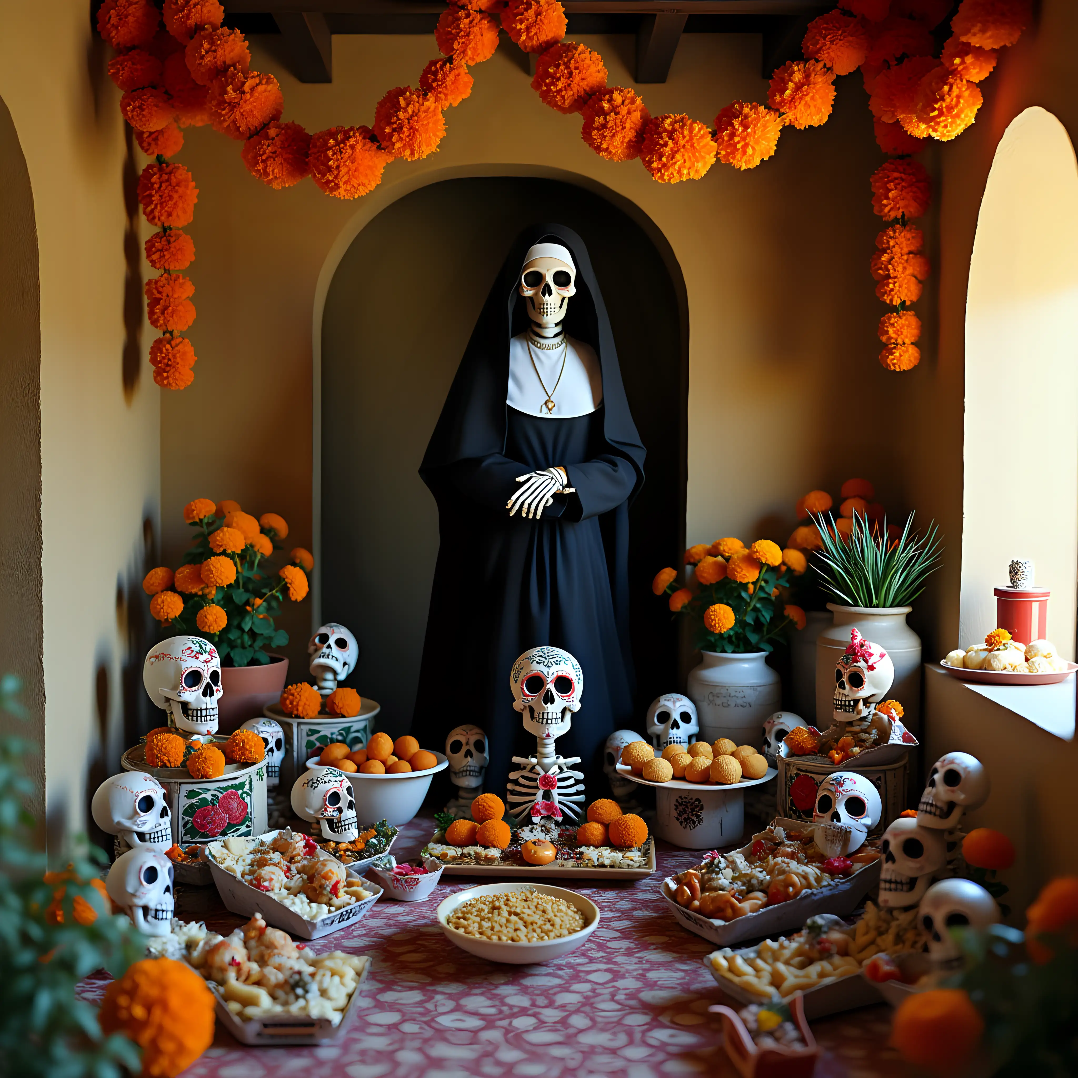 high quality, detailed, ultra realistic photography, in a sunny oubliette, festively decorated ofrenda for dia de los muertos, many brightly painted calaveras and candy skulls, garlands of marigold flowers hanging above, offerings of traditional mexican food and drink on the ofrenda, all surrounding a statue of a skeletal santa muerte dressed in an 18th century nun's habit, full length portrait, natural lighting, normal body proportions, 8k
