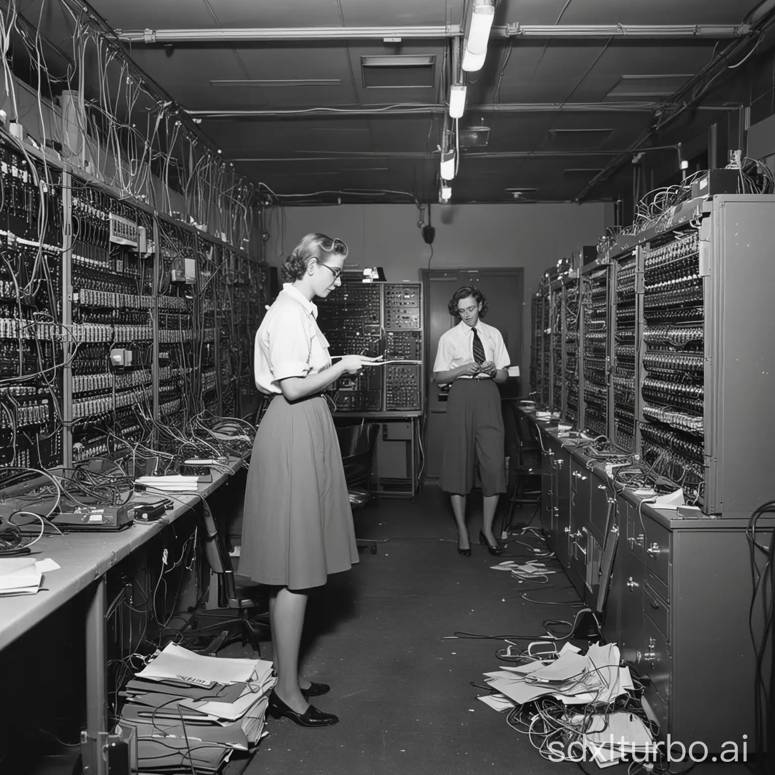 A photograph of the dimly lit Mark II computer lab in 1947, capturing the atmosphere filled with determination as Grace Hopper and her team meticulously search for the source of a malfunction. Engineers scattered around, carefully inspecting each panel and circuit of the enormous machine. Grace, holding a folder, leads the way, encouraging her colleagues to look for something 'unusual' in the system. The cluttered room filled with tools, wires, and scattered notes, with the sound of shuffling feet and soft murmurs in the air. Grace's focused gaze shifts across the intricate internal mechanisms of the Mark II as she suggests, 'Let’s keep looking; it must be here somewhere.' Tension in the room builds, but Grace's steady leadership keeps the team on track as they seek the elusive cause of the computer failure.