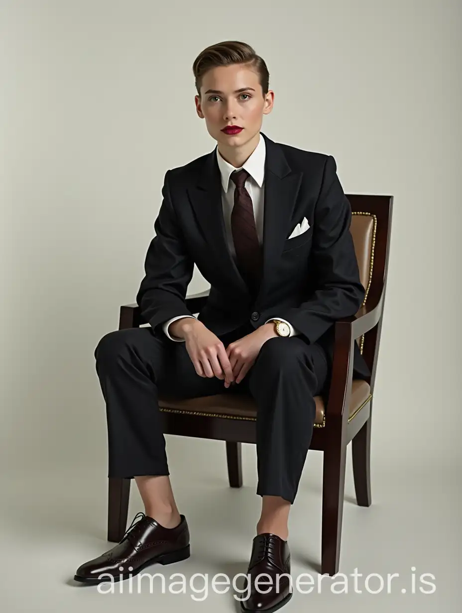 Beautiful-Scottish-Woman-in-Mens-Business-Suit-Sitting-in-Chair