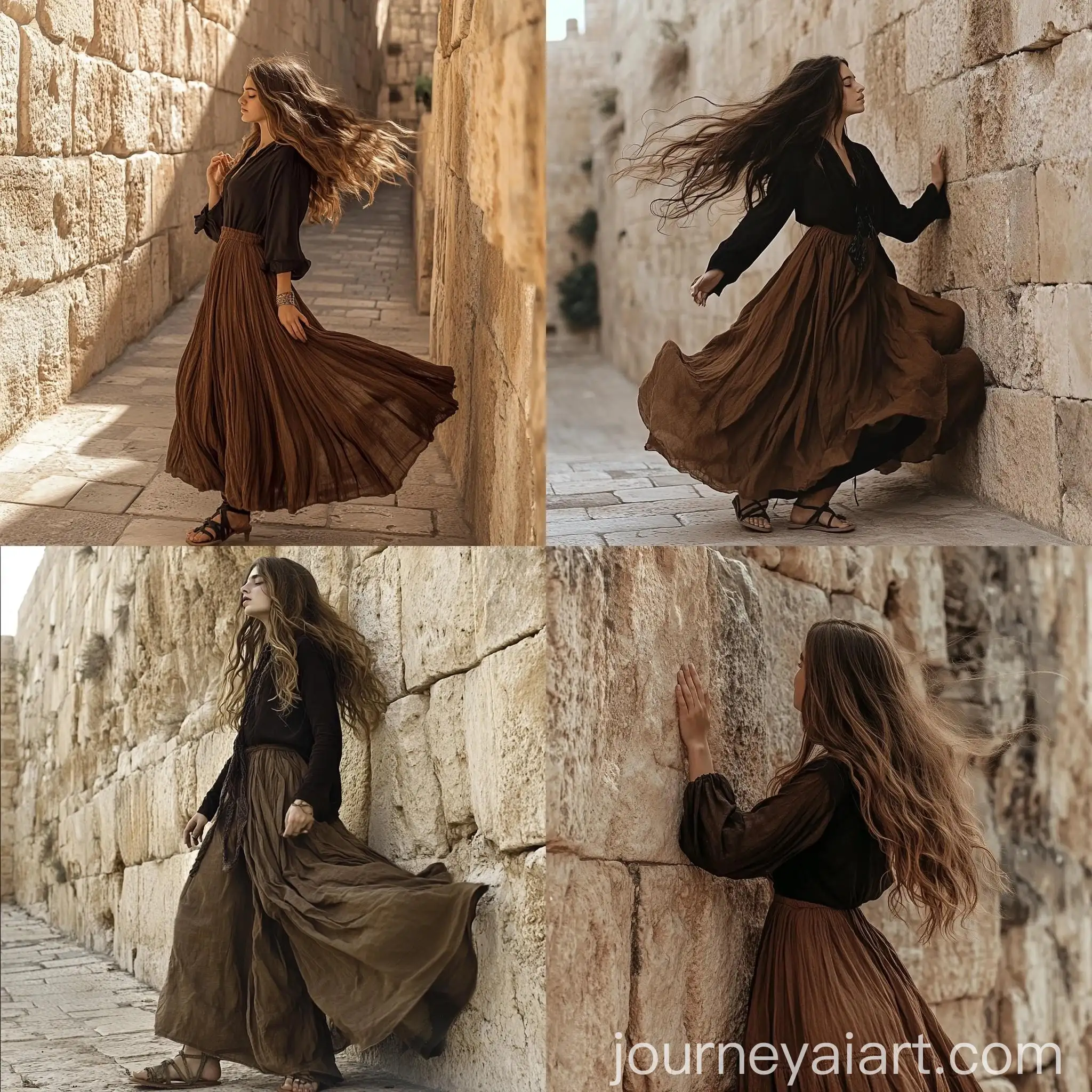 Girl-in-Rustic-Dress-Praying-at-Western-Wall-in-Jerusalem