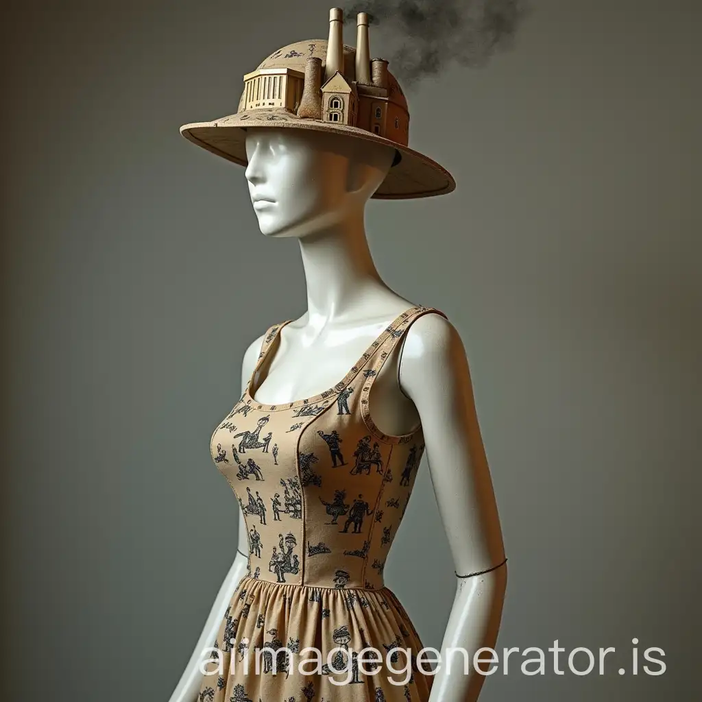 Mannequin-Woman-in-Scale-Dress-with-Poor-Children-Creating-Clothes-Hat-Shaped-Like-Smoking-Factory