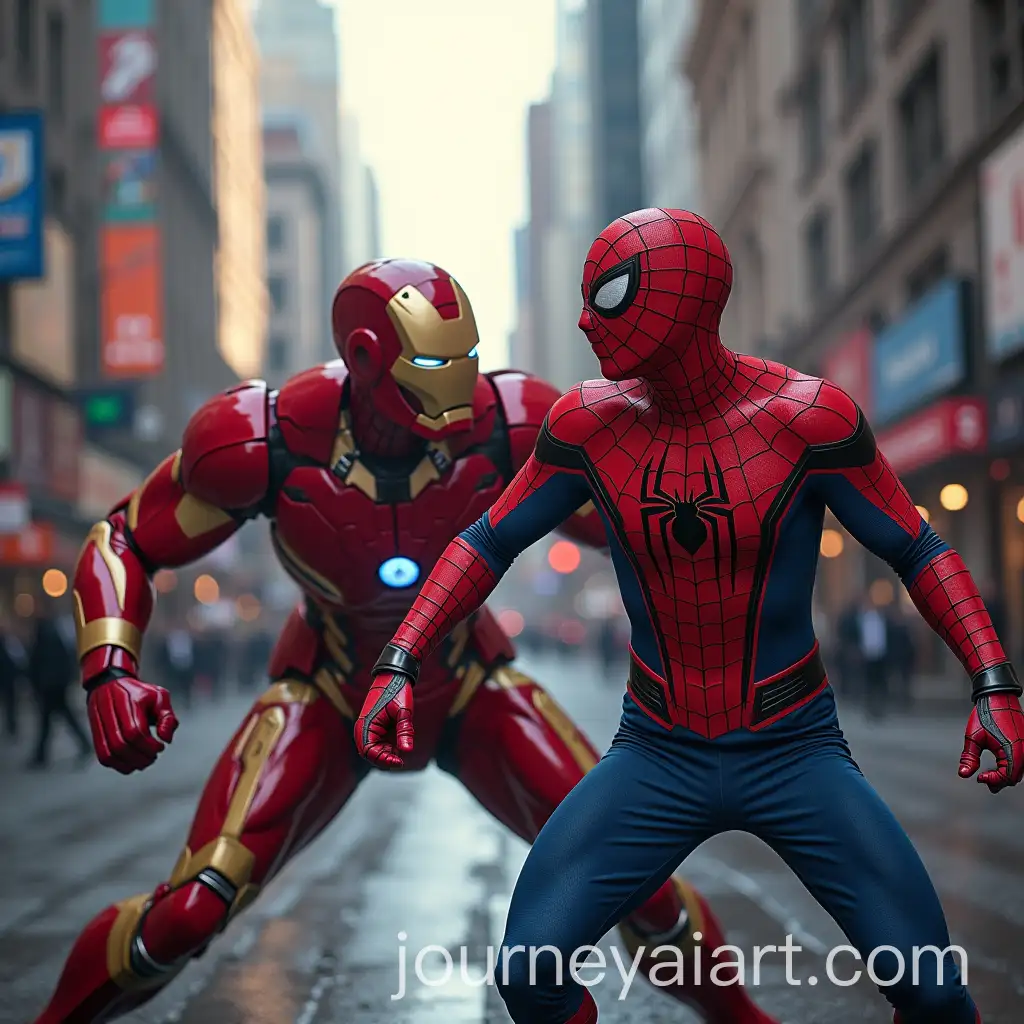 AI-Art-Prompt-ExpansionSpiderMan-and-Iron-Man-Battle-in-City-Center-with-Superheroes-Watching
