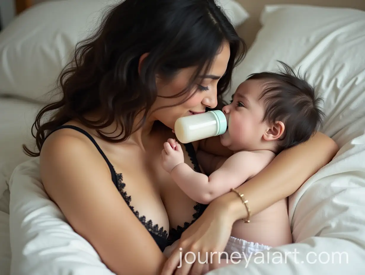 Iranian-Mother-Comforting-Her-Crying-Baby-Boy-in-a-Luxury-Bedroom