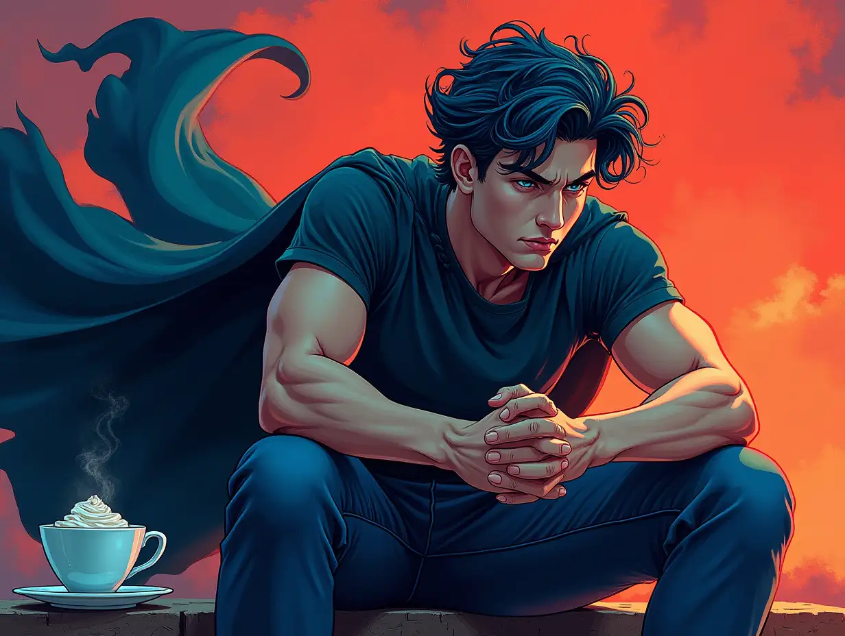 Young-Man-with-Dark-Blue-Hair-and-Flowing-Cape-Sitting-with-Coffee-Cup-in-Dramatic-Comic-Style