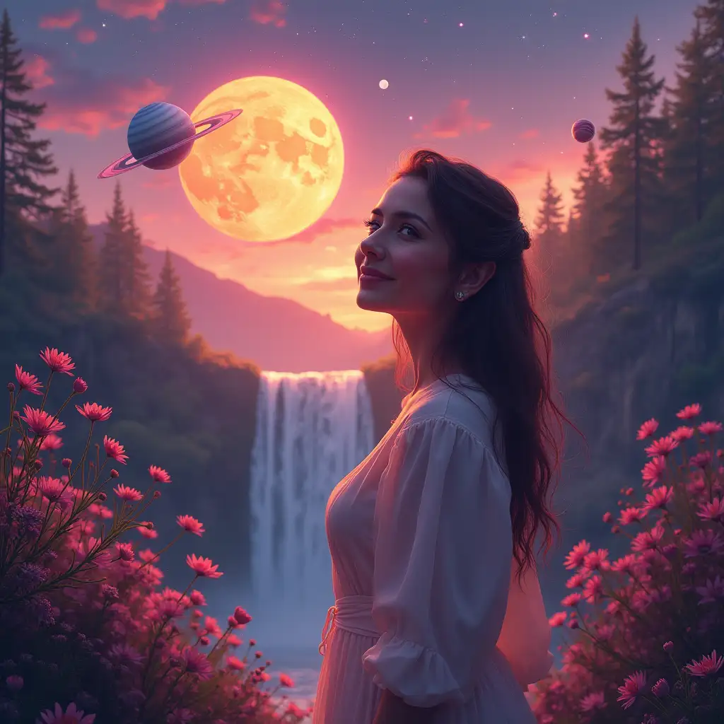 a woman looking straight at the camera positive happy ready determined with fantasy planets bursting inside of her and outside of her, the sun moon saturn pluto uranus - it's like the woman is made of planets. Background waterfall flowers pretty sunset purple pink peach