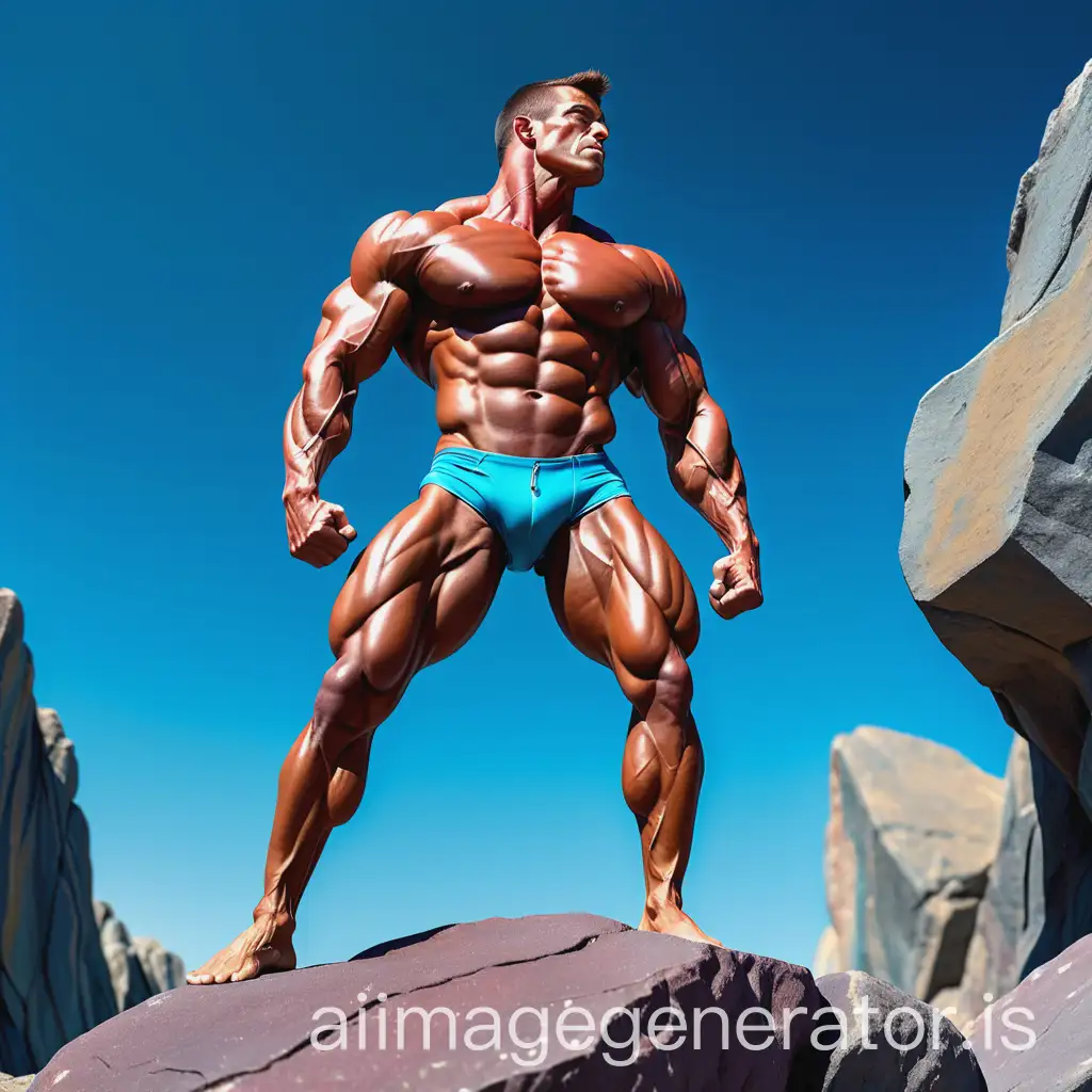 Trippy vibrant psychedelic illustration image depicts a muscular individual posing outdoors against a clear blue sky. The person is standing on a rocky surface, striking a classic bodybuilding pose with both arms flexed upward, showcasing well-defined biceps and triceps. The individual is wearing dark-colored briefs, highlighting a highly developed physique with prominent muscle definition across the chest, abdomen, and legs. The skin appears tanned and glistening, possibly due to oil or sweat, emphasizing the muscle contours. The overall stance is confident and powerful, typical of competitive bodybuilding displays