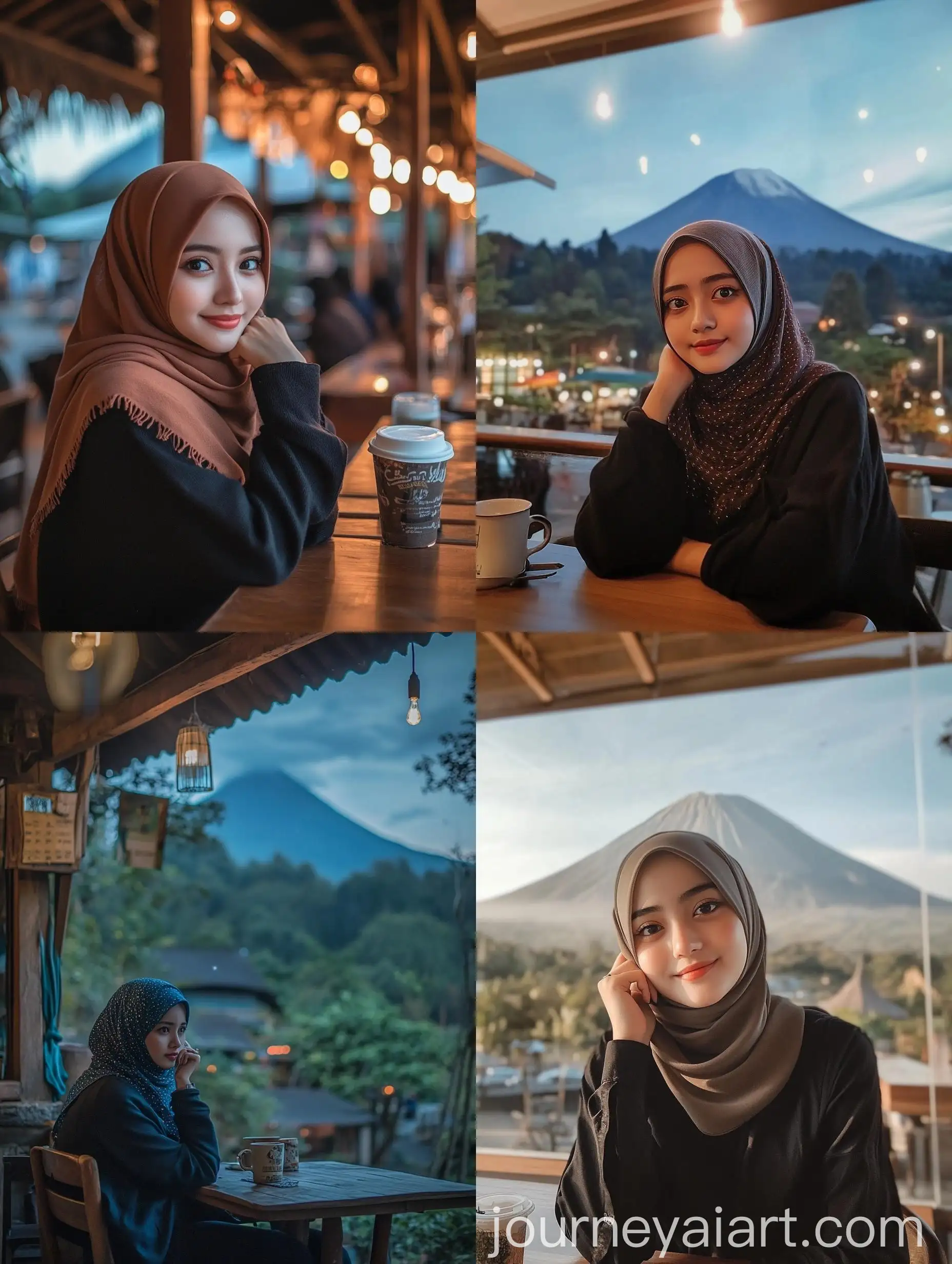 Beautiful-Indonesian-Woman-in-Hijab-at-Night-Coffee-Shop-with-Mount-Semeru-View