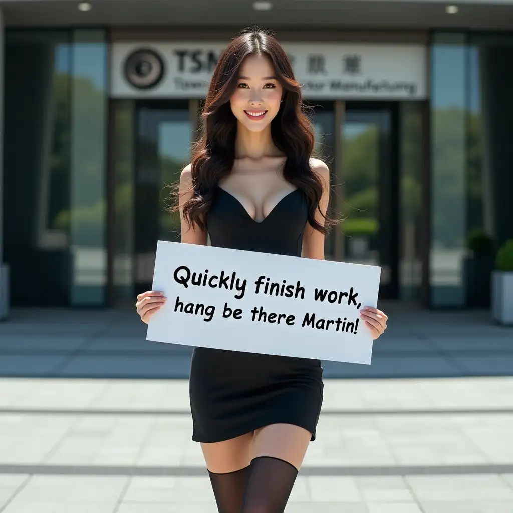 A stunning Asian woman resembling a Korean celebrity, with flawless skin, long wavy hair, and elegant makeup, wearing a stylish black dress and black stockings, holding a sign that says ‘Quickly finish work, hang in there Martin!’ in English, standing confidently in front of the TSMC (Taiwan Semiconductor Manufacturing Company) headquarters entrance, modern corporate building background with glass doors and TSMC logo, sunny day, vibrant and realistic lighting, highly detailed, cinematic composition, 4K resolution, photorealistic style
