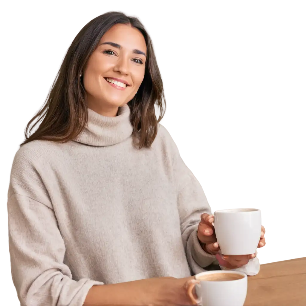 Cheerful-Woman-Enjoying-Coffee-in-Cozy-Kitchen-PNG-Image-for-Enhanced-Clarity