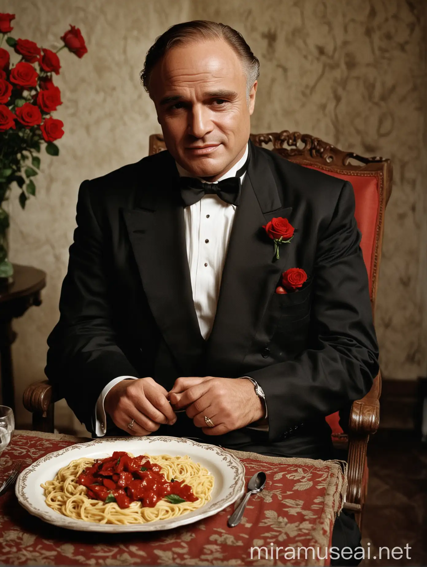 Godfather Marlon Brando Enjoying Pasta with Red Rose