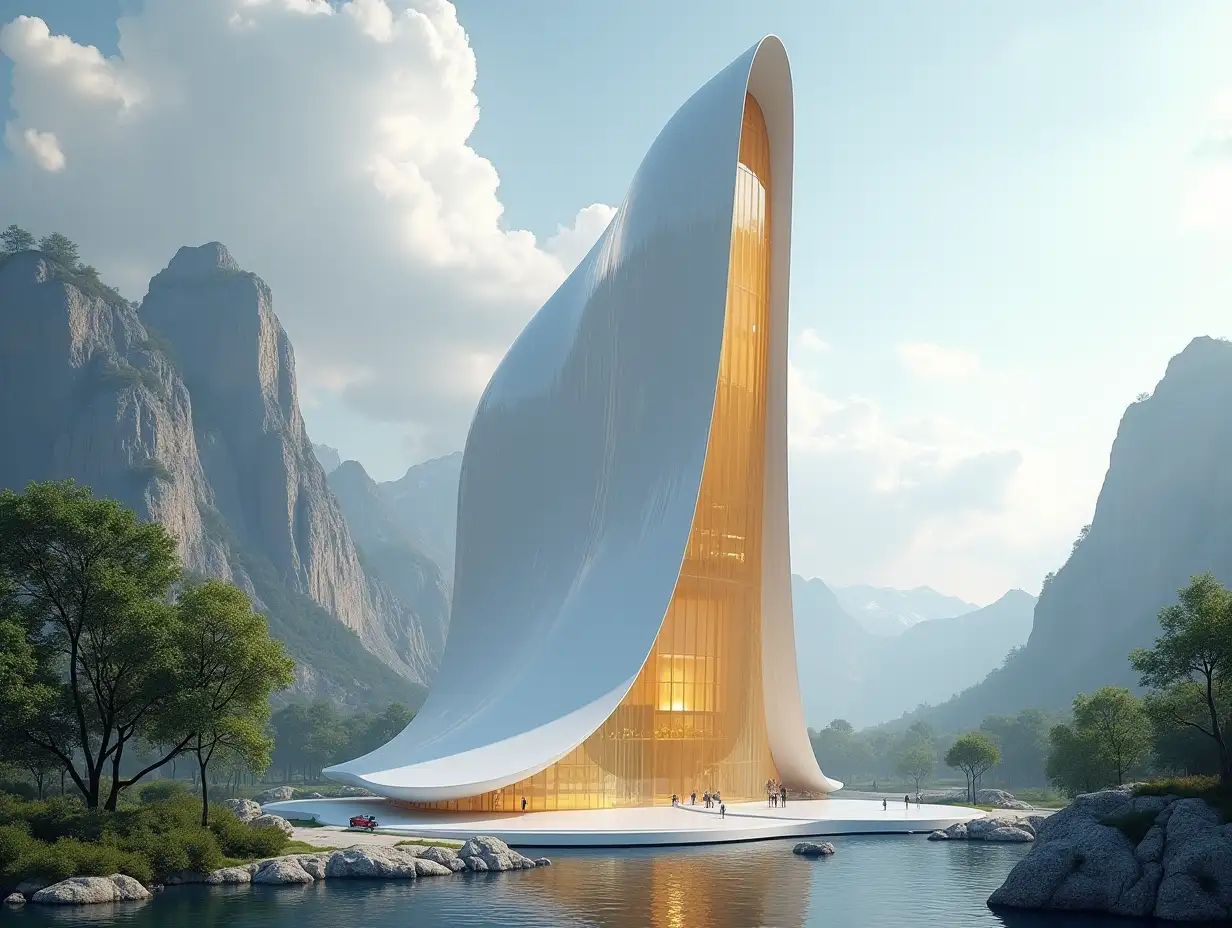 Create a high-resolution, realistic image of a futuristic very tall building with white and golden curves, large trees, mountains, rocky cloudy sky