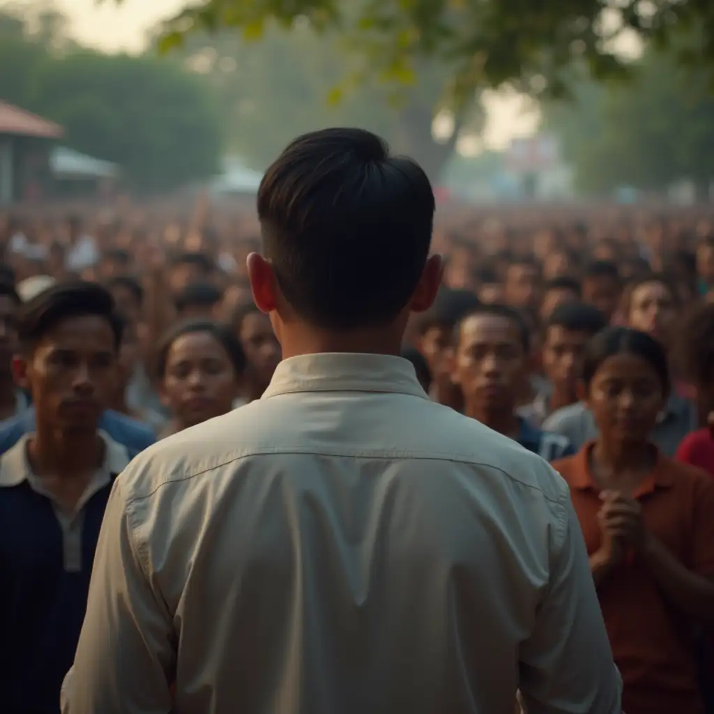 A back photo of a Filipino politician in front of a crowd of sleepy listeners, downtrodden listeners at a neighborhood gathering. Hyper-realistic, blurry background.