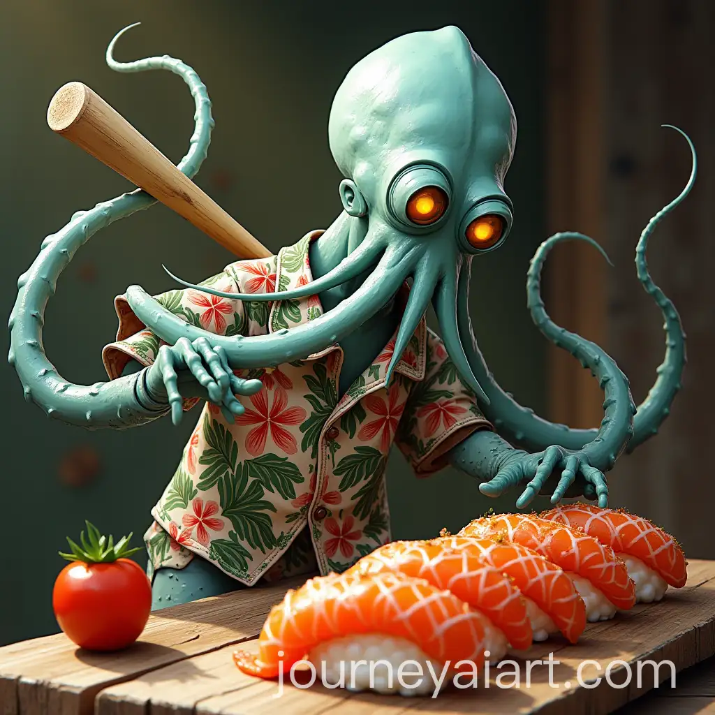 Squid-in-Hawaiian-Shirt-Swinging-Baseball-Bat-at-Sushi