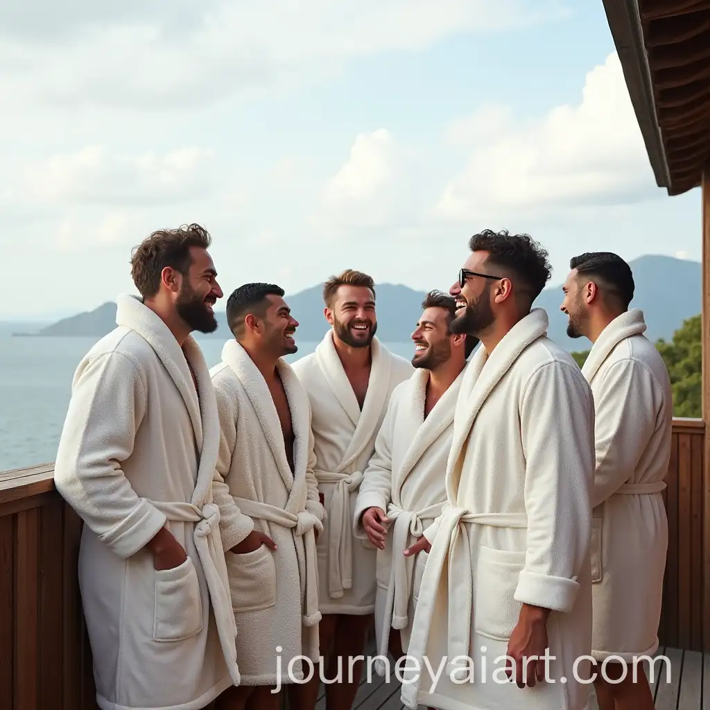 Group-of-6-Friends-Laughing-in-Fluffy-Robes-on-a-Wooden-Balcony-with-Breathtaking-View