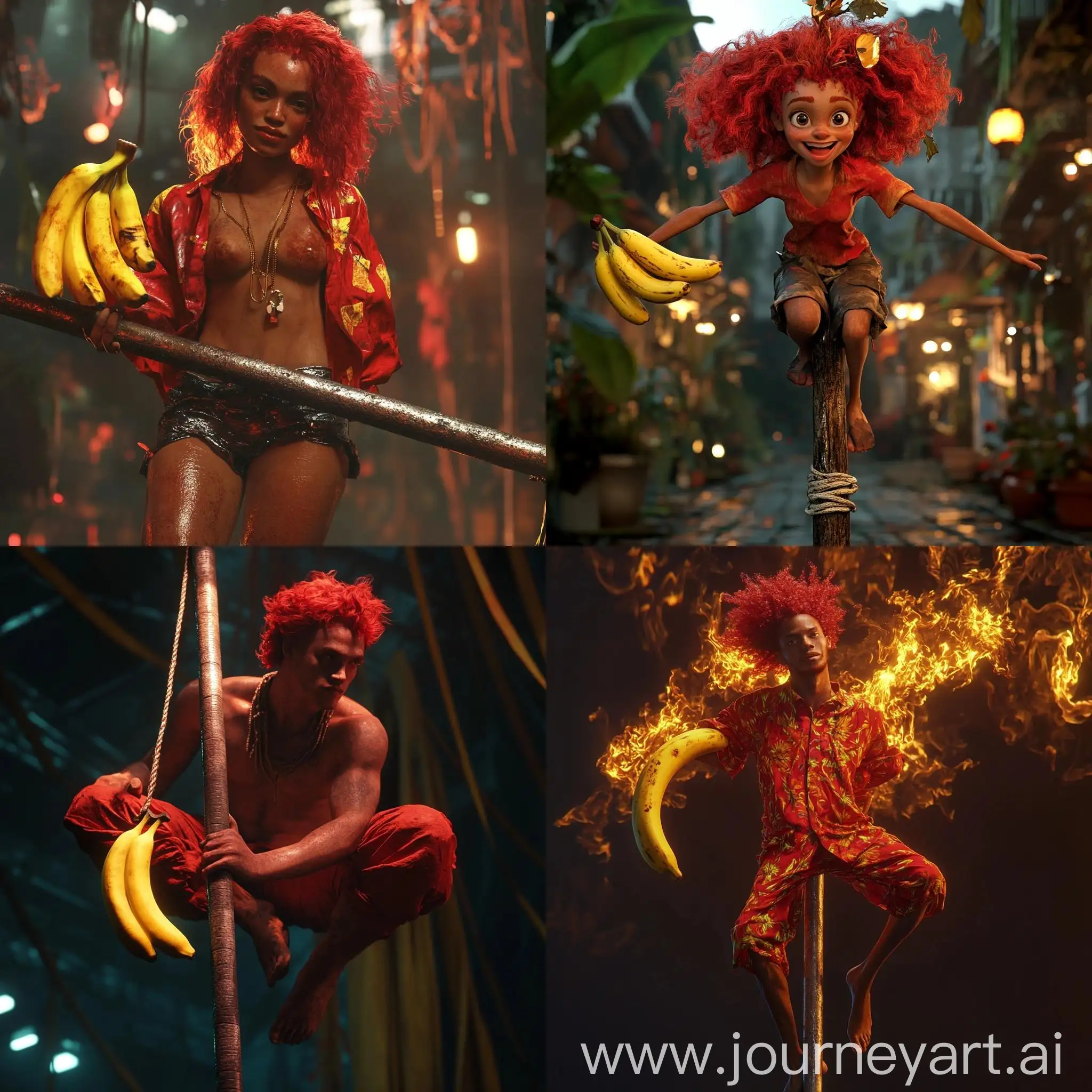 Fiery-RedHaired-Person-Balancing-on-Pole-with-Banana