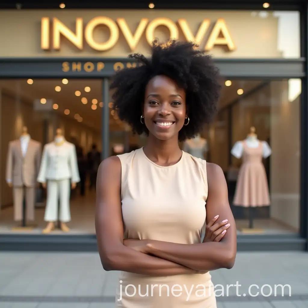 Young-Woman-Posing-in-Front-of-Modern-Fashion-Store-with-Mannequins-Displaying-Childrens-Clothing