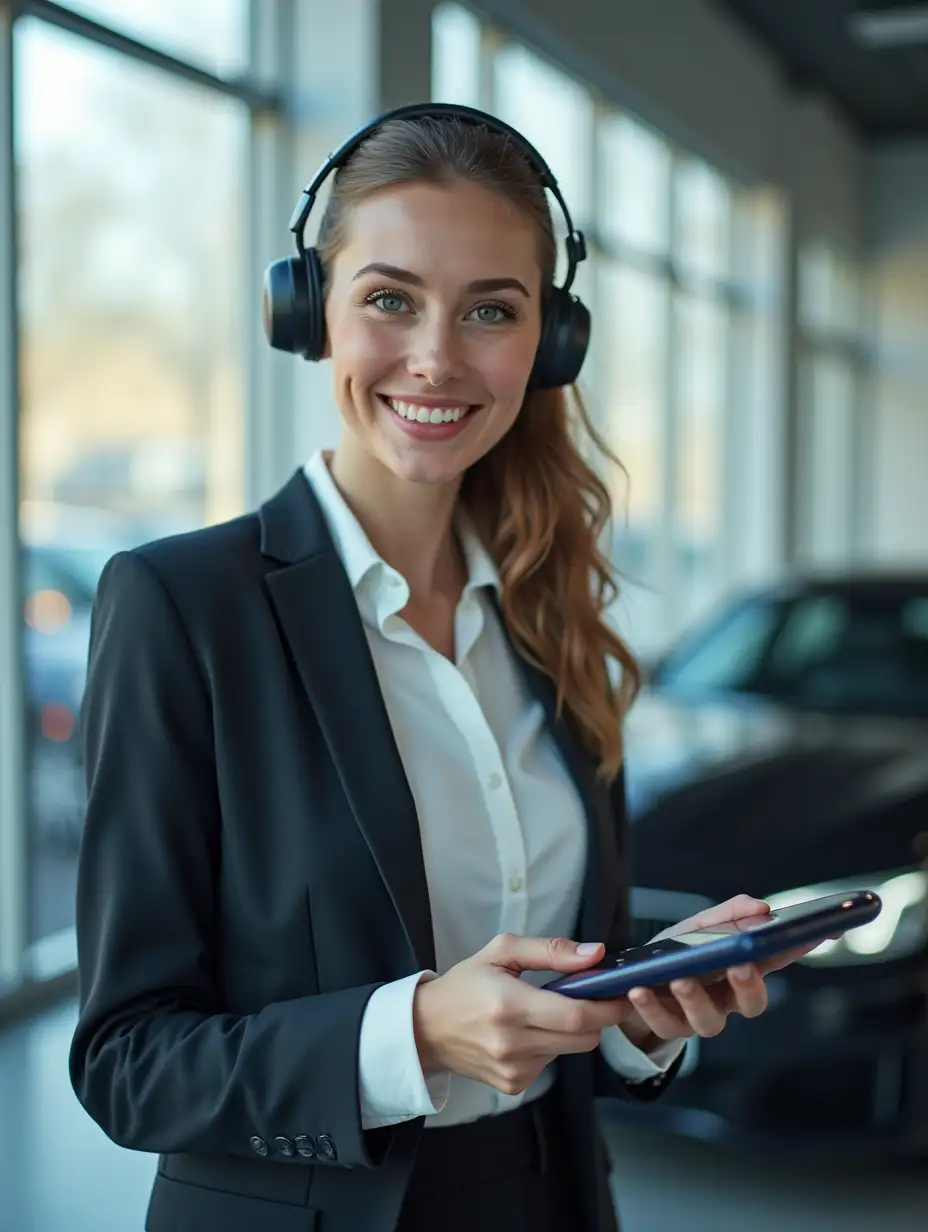 Female virtual assistant of a car dealership with a futuristic look delivering the key of a new car to the customer