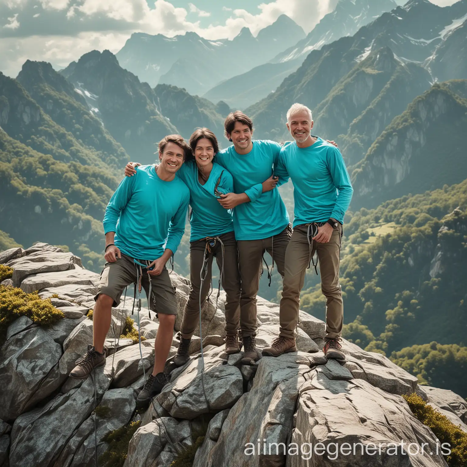 Happy-Adults-Climbing-Summit-Together-in-Turquoise-Shirts