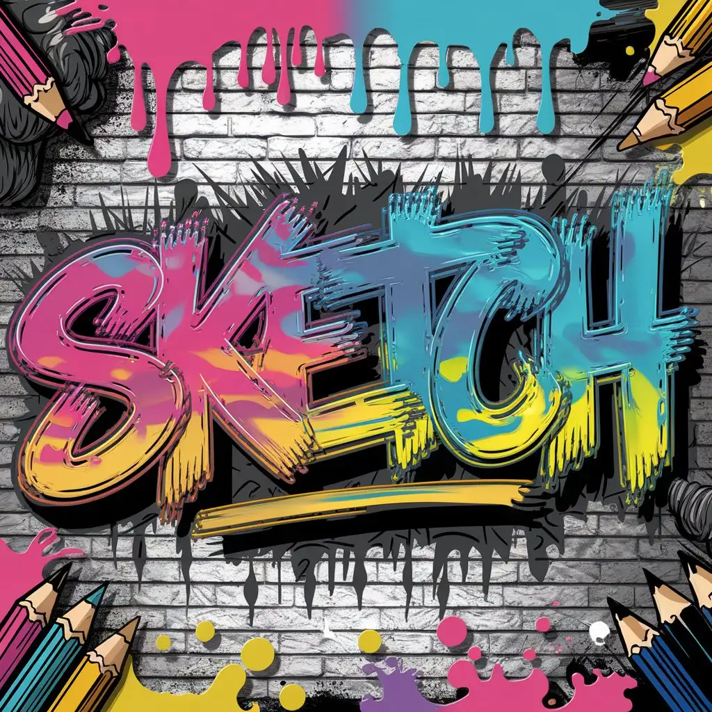 Bold graffiti typography spelling out Sketch in vibrant, layered colors on a textured brick wall background, with dripping paint effects and paint splatters, surrounded by art tools like pencils and charcoal, creating an urban and dynamic vibe, Illustration style with high contrast and sharp detail, --ar 16:9 --v 5