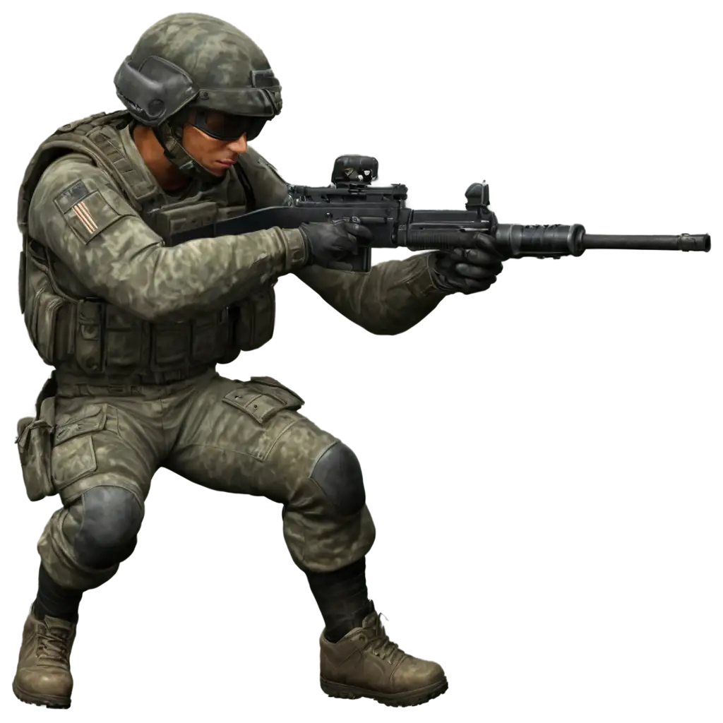 a video game soldier shooting a gun for a 2D game. make the uniform good